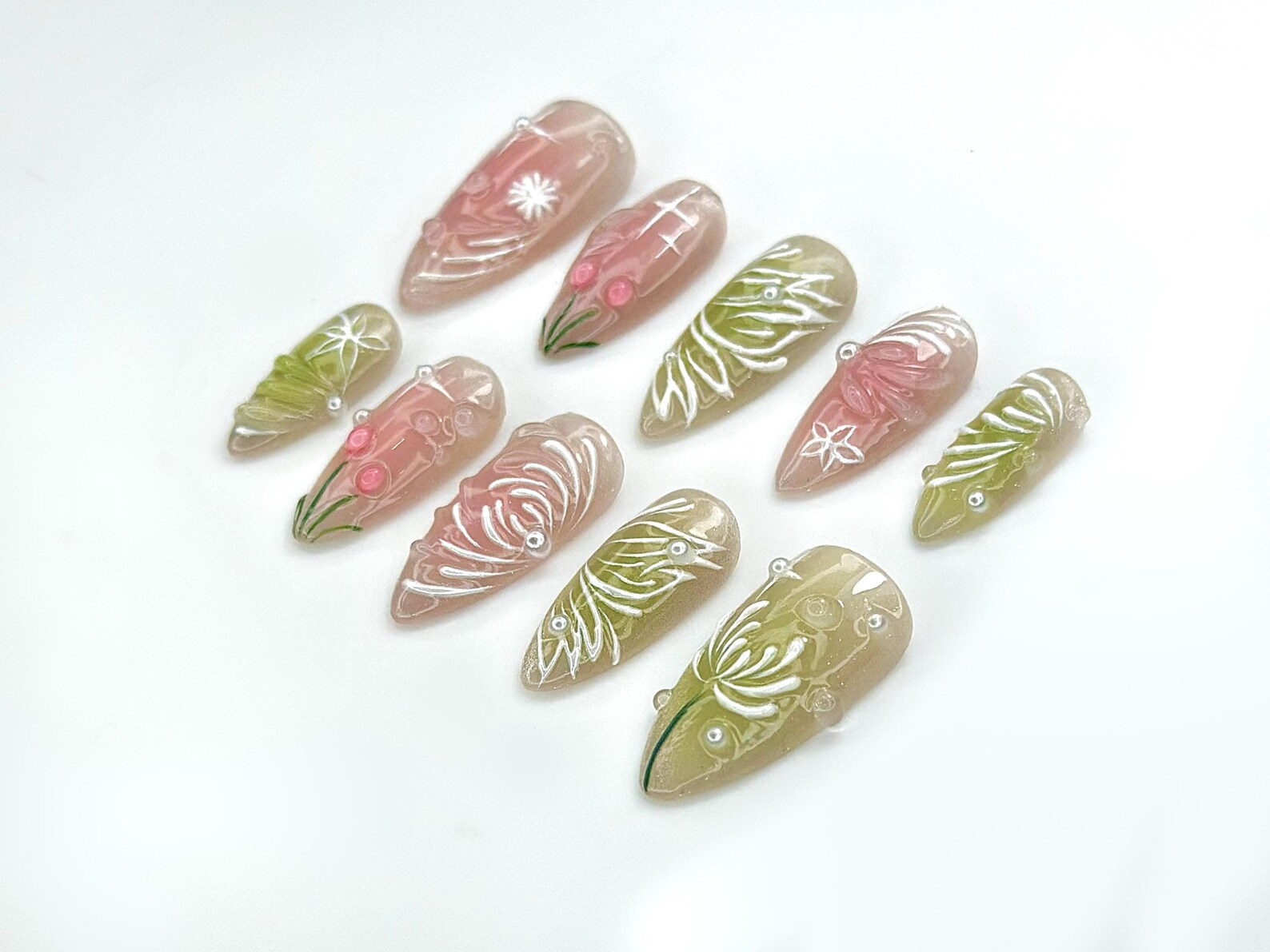 Dewdrop Meadow Press On Nails | Pastel Green & Pink Shimmer | Hand-Painted Floral Line Art and Crystal Accents | OB987EK