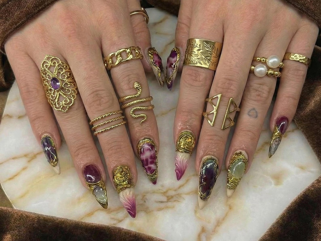 Gothic Garnet Gold Press On Nails | Frech Tips Gold Couture Nail Art | Burgundy Jade Statement Nails | Handmade Luxury Stiletto Set JB270EC