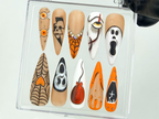 Gothic Halloween Press On Nails | Creepy Orange and Black Fake Nails | Unique Halloween Acrylic Nails | Ghost and Skull Nail Art | OB564YK