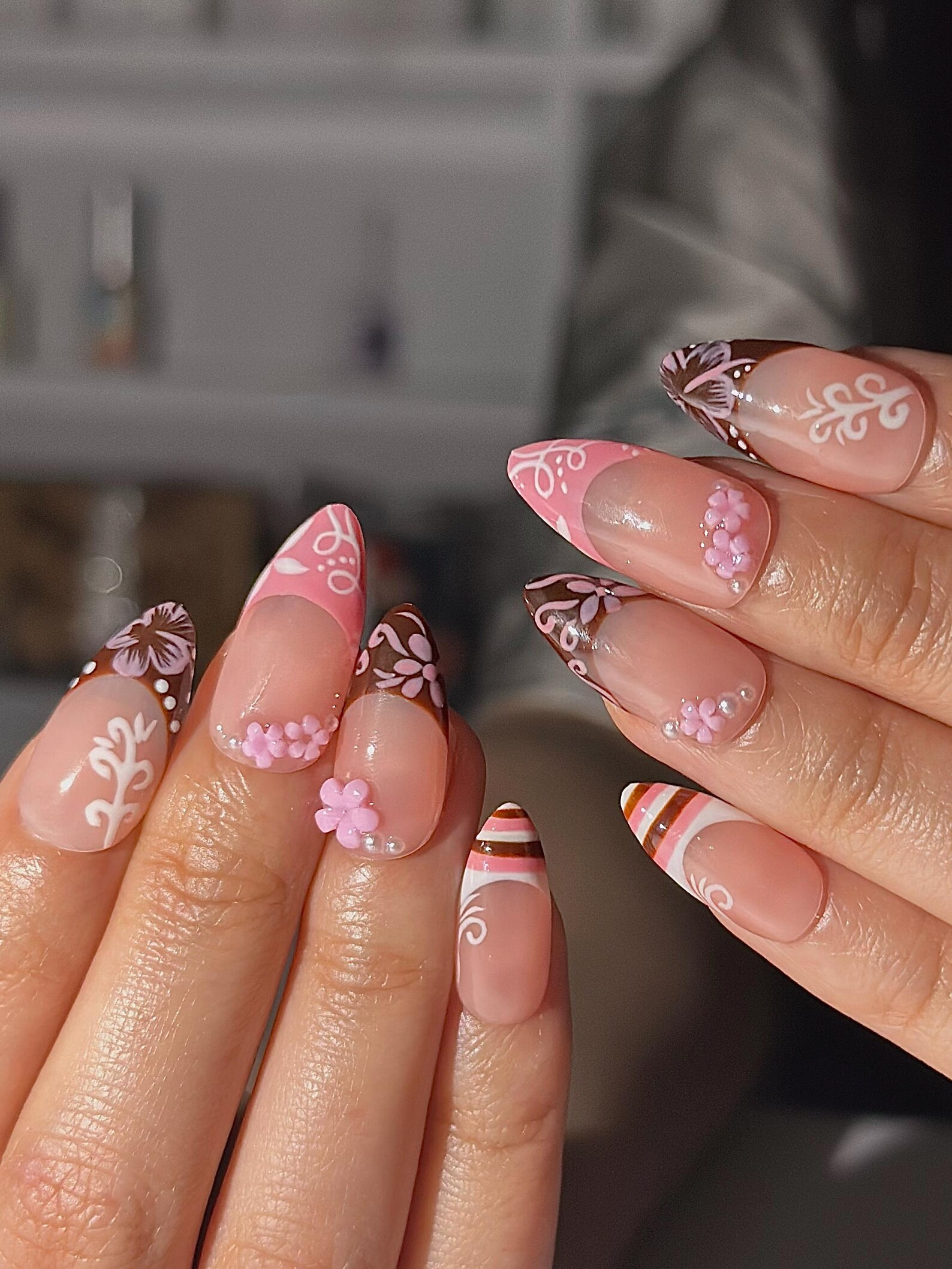Pink Brown Floral Press On Nails | Cute Pink Nail Art | Sweet Dessert Inspired Nails | 3D Flower Nail Set | Handmade Press Ons | OC1298HK