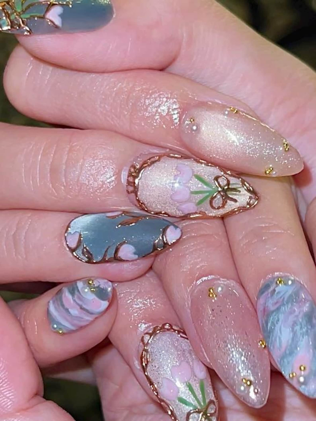 Custom Floral Coquette Nails. Soft Jade and Pearl Shimmer Press Ons. Hand-Painted Tulip Design. Romantic Aesthetic Reusable Nails. OB1285HK