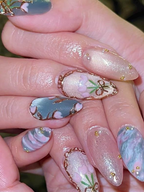 Custom Floral Coquette Nails. Soft Jade and Pearl Shimmer Press Ons. Hand-Painted Tulip Design. Romantic Aesthetic Reusable Nails. OB1285HK