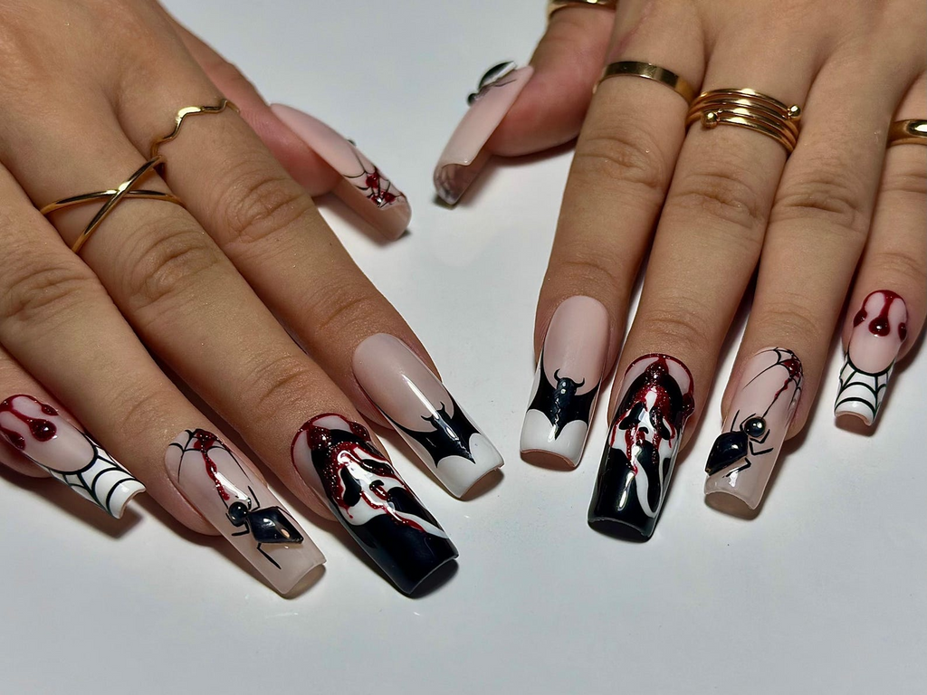 Gothic Spider Web Press On Nails | 3D Black Widow and Blood Drip Art | Scream Ghost & Webbed Bat Design | Halloween Horror Nail | OB980EC