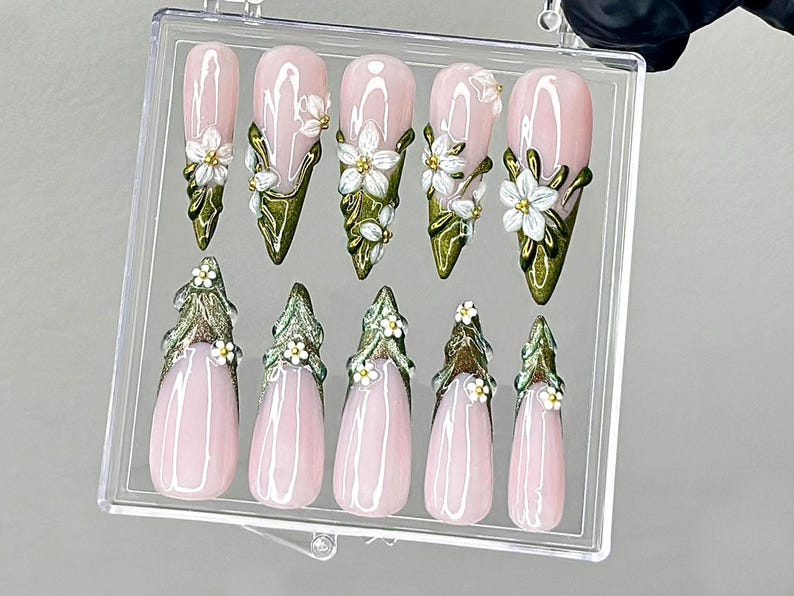Sculpted Floral Press On Nails | Glossy Green Leaf Nail Art | Ethereal Spring Press Ons | Elegant Flower Tips Fake nails | Luxury | OB944YK