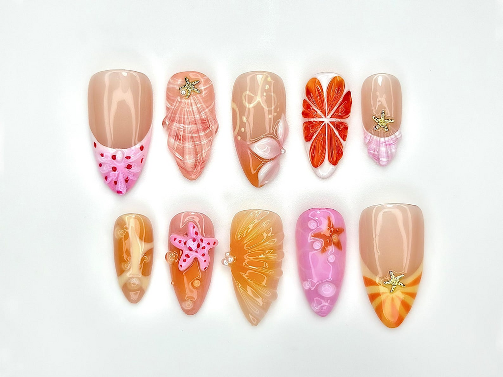 Combo Summer Vibes Press On Nails | 3D Tropical Fruit Nail Art | Handmade Kiwi. Watermelon & Citrus Nails | Beach Vacation Nail Set OB73L