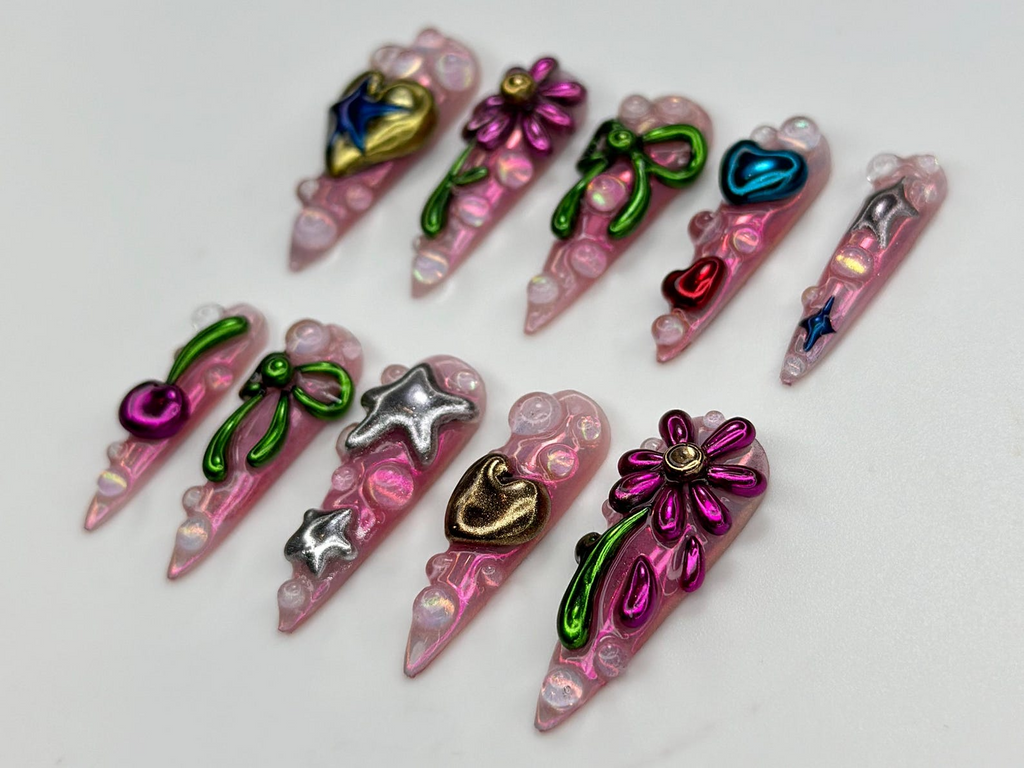 Metallic Bubble Press On Nails | 3D Y2K Chrome Star Heart Nails | Funky Cute Cherry Bow Nail Art | Iridescent Pink Press On Set | OB815HK