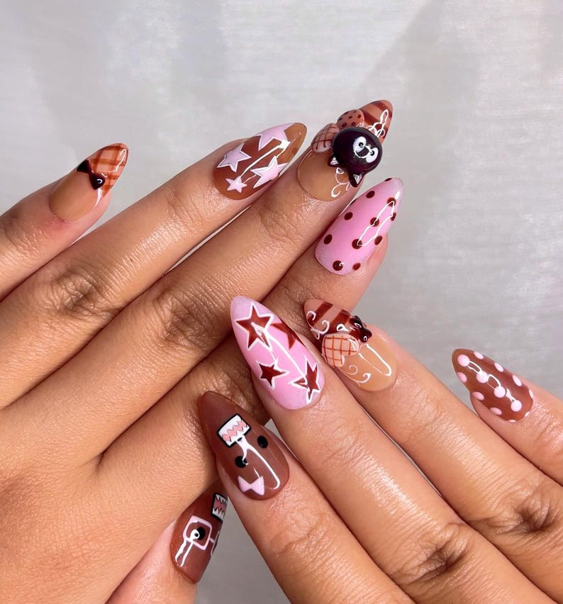Chocolat Bear Cute Press On Nails | Kawaii Cartoon & 3D Cat Nails | Pink Brown Retro Nail Art | Handmade Fun Press Ons | OB221EC