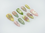 Green Garden Press On Nails | 3D Floral Accents. Ladybug Charms & Whimsical Pastel Nail Art | Handmade Nature-Inspired Nail Set | OB123EC