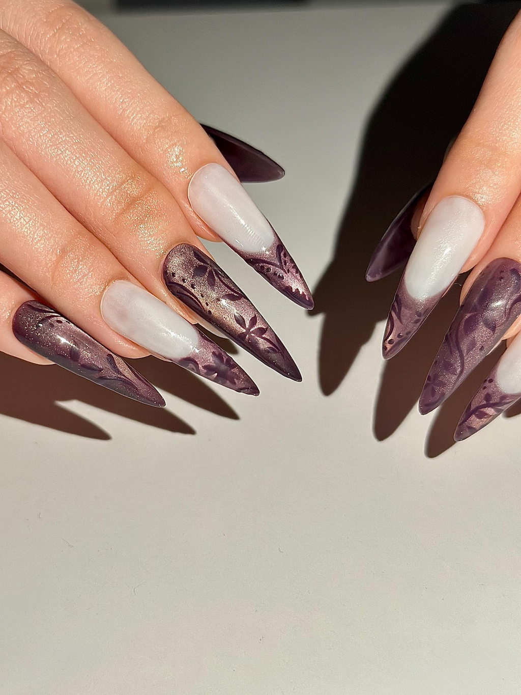 Dark Purple Cat Eye Press On Nails. Mystic Floral French Tip Nails. Ethereal Smoky Velvet Nails. Gothic Luxury Stiletto Fake Nails. OC1292HK