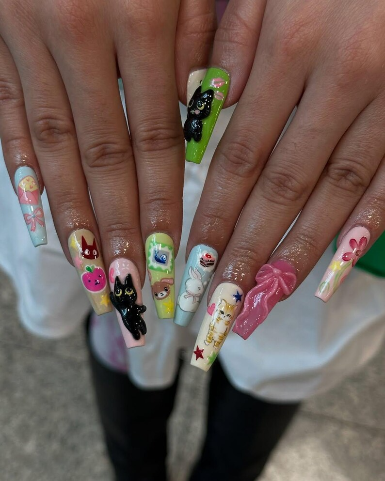3D Kawaii Cat Press On Nails | Pastel Cartoon Fake nails | Cartoon Cat Bunny Nail Art | 3D Cute Animal Kawaii Nails | Pastel Nails | OB939YC