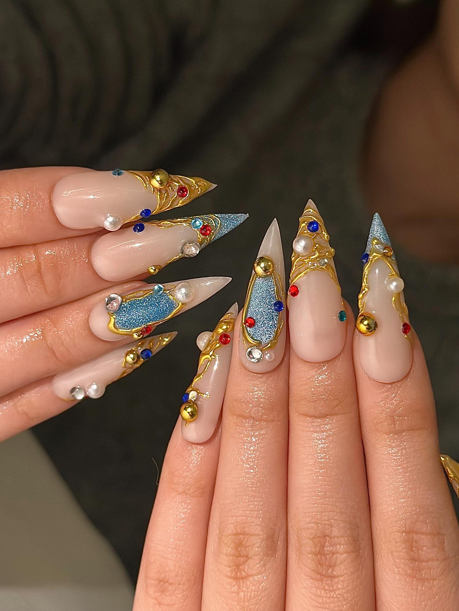 Luxury 3D Jewelry Press On Nails. Gold Filigree and Blue Gemstone False Nails. Royal Core Stiletto Nails for Gala or Wedding | OB1022HC