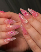 Handmade 3D Pink Fairy Garden Nails – Butterfly. Flower & Pearl Press-On Set E58