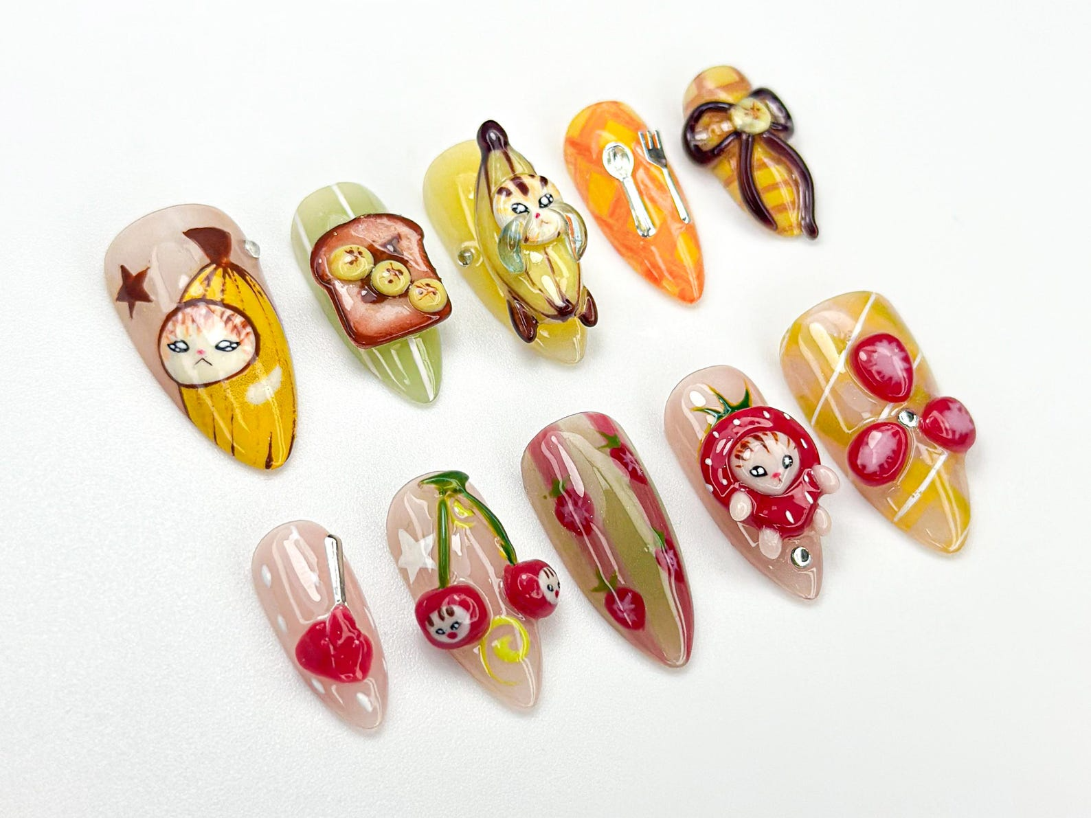 Banana Cat Press On Nails | Cute Fruit Nail Art | 3D Food Nails | Kawaii Handmade Press Ons | Quirky Character Nail Design | OB909HC