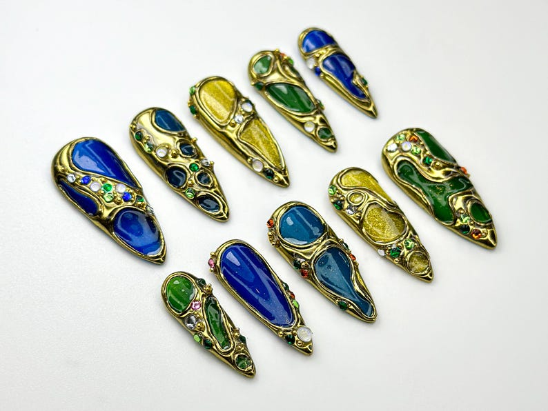 Luxury Gemstone Press On Nails | Blue. Green & Amber Enamel Stones Detail | Jewel-Encrusted Nail Set | Gold Jewel Nail Art | OB790HC