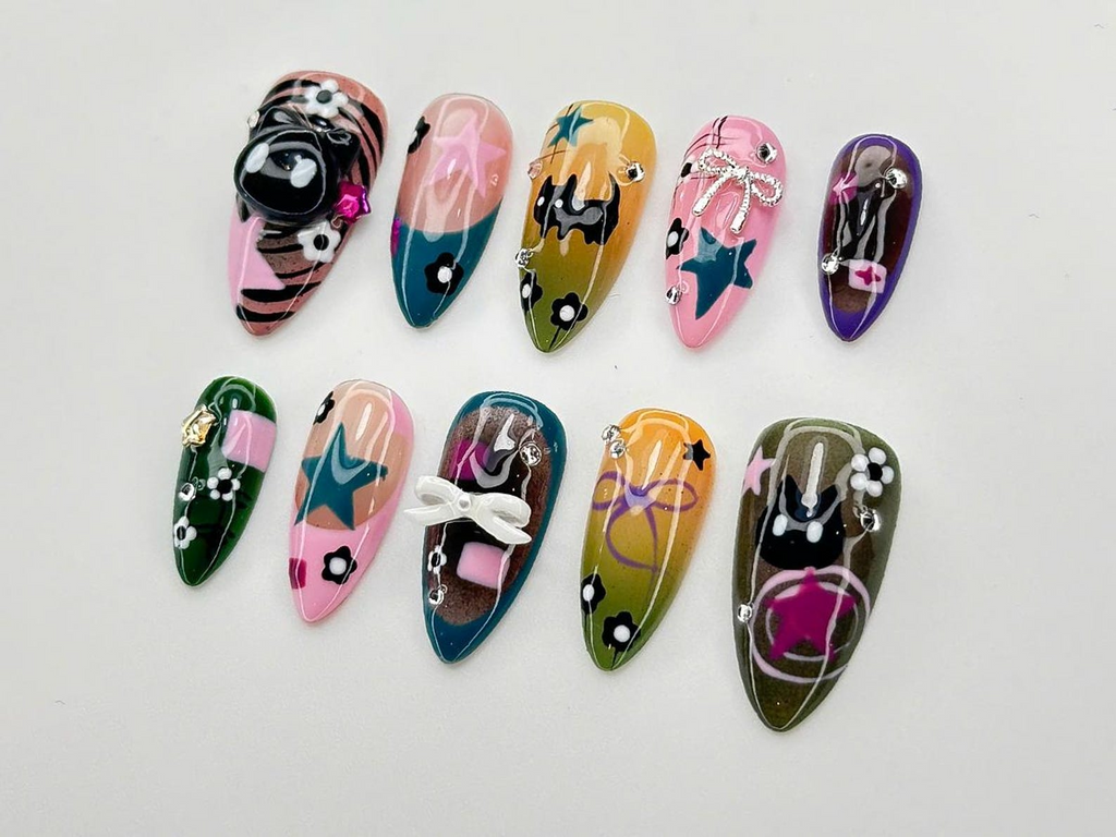 Goth Kawaii Press On Nails | Handmade Black Cat & Star Nail Art | Long Stiletto Glue On Nails | Alternative Aesthetic Gift for Her | OB913DC
