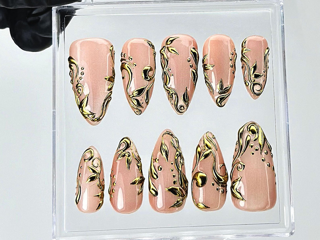 Nude Gold Leaf Press On Nails | Elegant Baroque Swirl Fake Nails | Metallic Accent Luxury Nail Art | Gold Foil Nude Press Ons | OB898YC