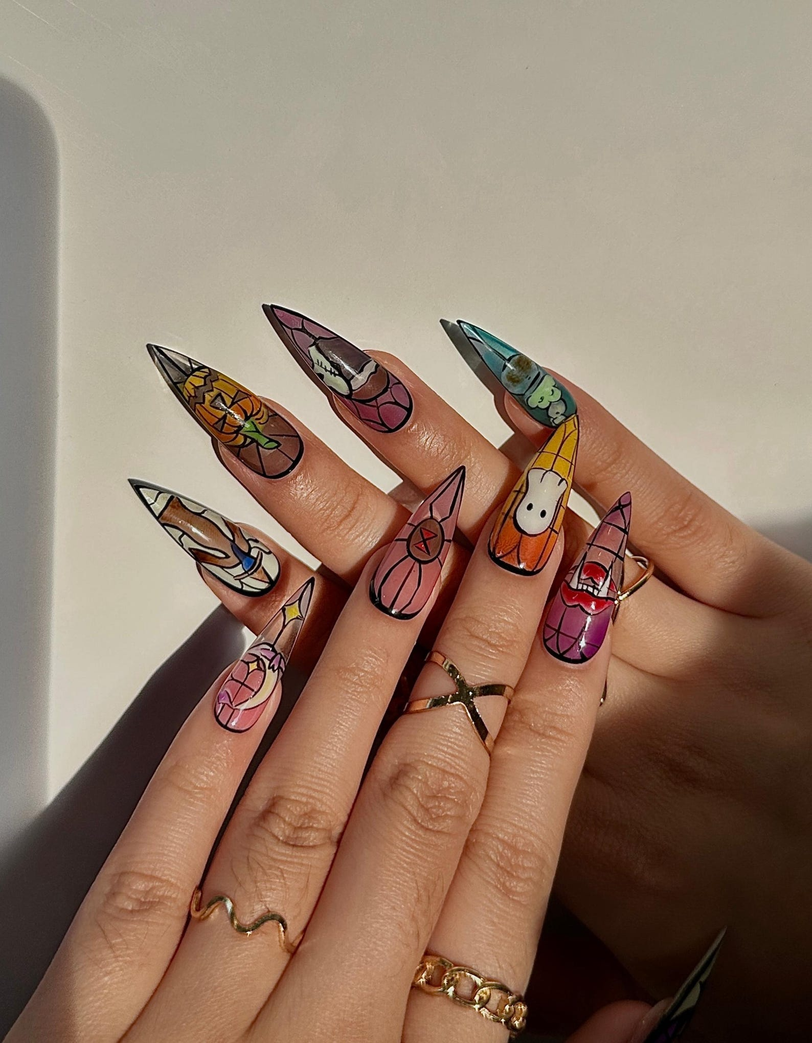 Stained Glass Halloween Press On Nails | Ghost Pumpkin Bat Nail Art | Colorful Spooky Nail Design | Handpainted Halloween Nails | OB111H