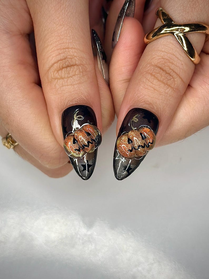 Pumpkin Gothic Press On Nails | Halloween Black & Orange Nails | Handmade Spooky Nail Design | Unique Gothic Pumpkin Nails | OB151HC