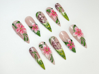 Garden Fantasy Press On Nails | 3D Pink Flower & Leaf Nails | Handmade Botanical Nail Art | Nature-Inspired | Vibrant Floral Nail | OC993HK