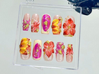 Tropical Hibiscus Press On Nails | 3D Floral Summer Fake Nails | Summer Bloom Nail Art | Sunset Color Bloom Kawaii Nails | 3D Nails |OB932YC