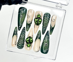 Gothic Green Press On Nails | Spider Web Nail Art | Dark Forest Vibes | Beetle 3D Design | Forest & Spider Web Details | OC963E