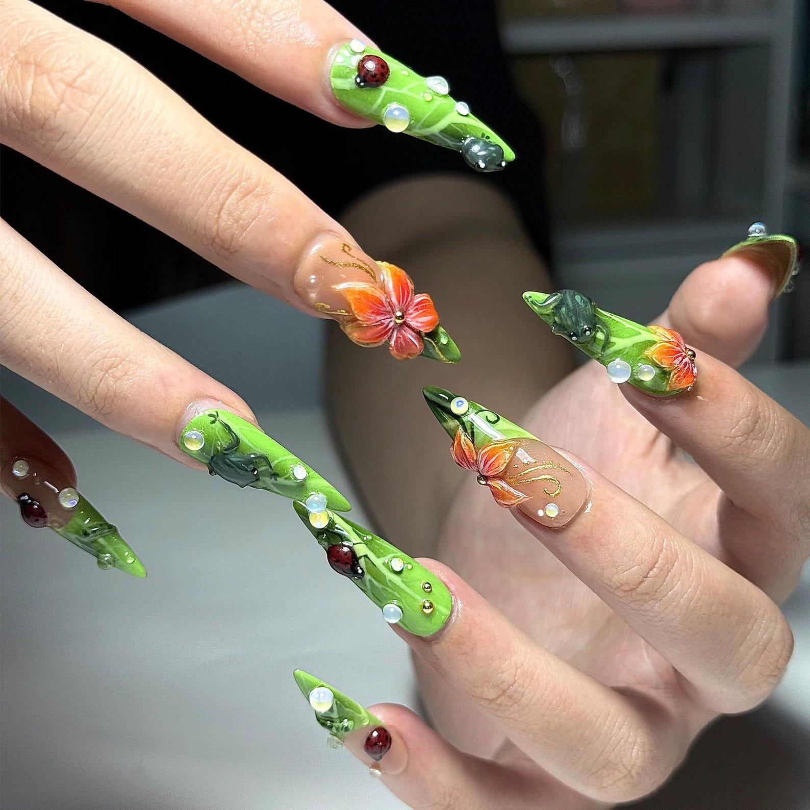 Green Floral Press On Nails with Ladybug and Pearl | 3D Nature Nails in Long Almond | Handmade Spring Nails for Wedding. Vacation | OB330N
