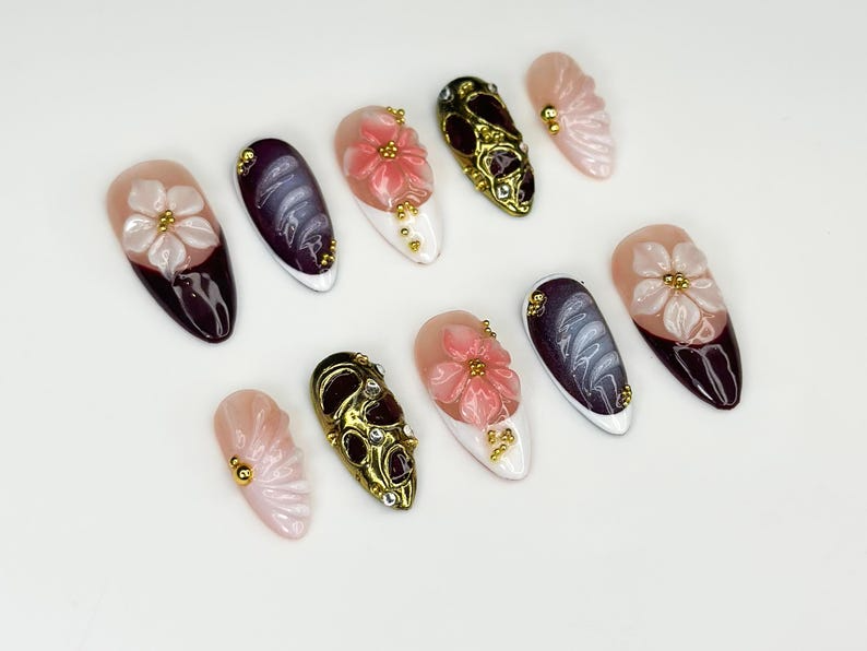 Burgundy Fall Press On Nails | 3D Pink & White Floral Nail Art | Handmade Statement Nail Design | Elegant Glam Press Ons | OC1086HK