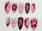 Hand Painted Press On Nails | Floral Accent Nails |3D Flowers - Rhinestone Accents| Perfect for Special Occasions|OB740LK