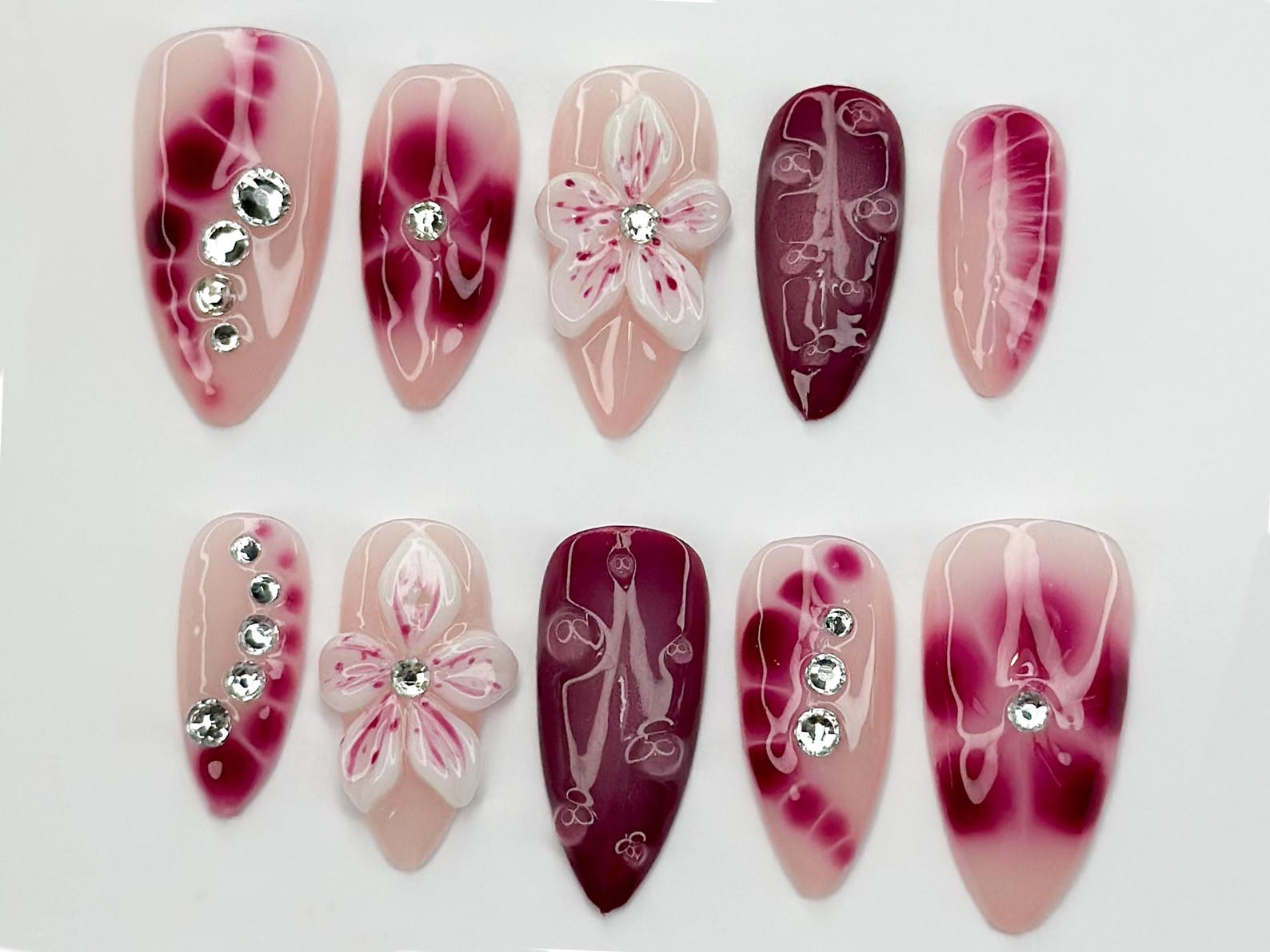 Hand Painted Press On Nails | Floral Accent Nails |3D Flowers - Rhinestone Accents| Perfect for Special Occasions|OB740LK