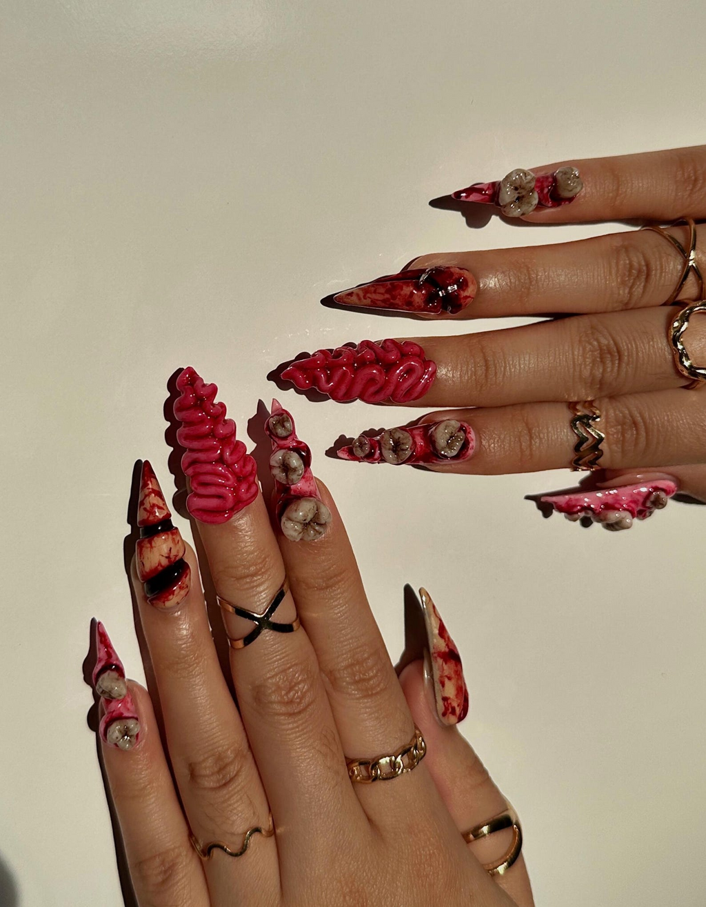 Gorecore Horror Halloween Press On Nails | 3D Brain & Bloody Wound Nail Art | Long Creepy Press Ons | Handpainted Halloween Nails | OB112HC