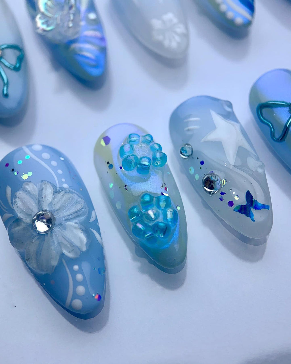 Handmade Blue Holographic Floral and Bow Accents Reusable Press on Nails W09