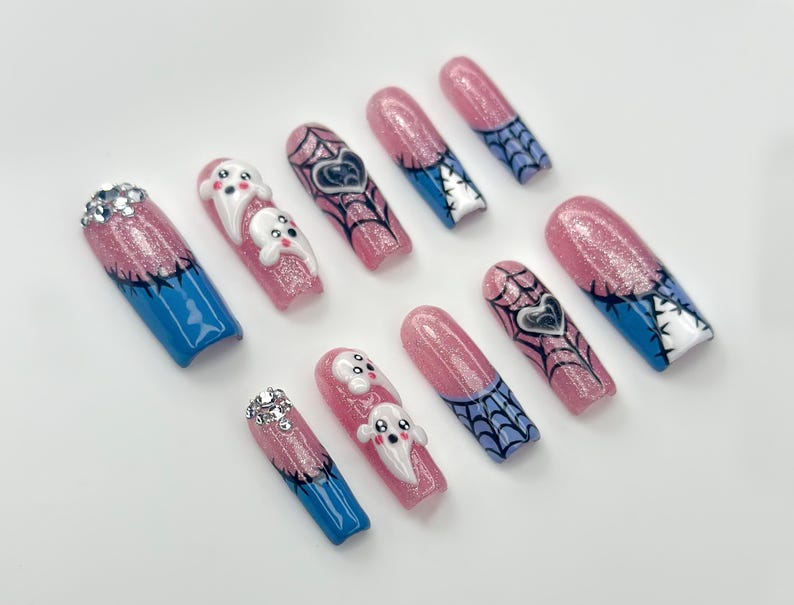 Gothic Ghost Web Press On Nails | Spooky Sparkle Pink Nails | 3D Ghosts & Rhinestone Accents | Halloween Web Nail Art | OB1065EK