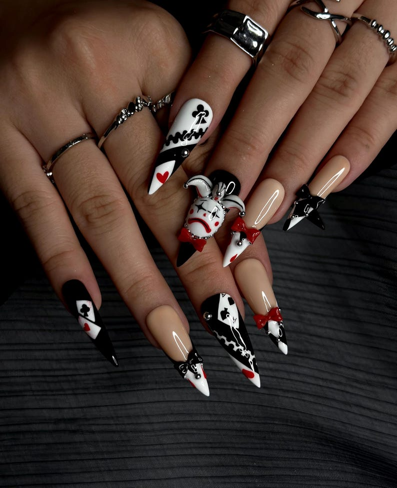 Harlequin Joker Halloween Press On Nails | Black White Red Gothic Nail Art | 3D Clown Accent Stiletto Nails | Playing Card Inspired |OB194EC