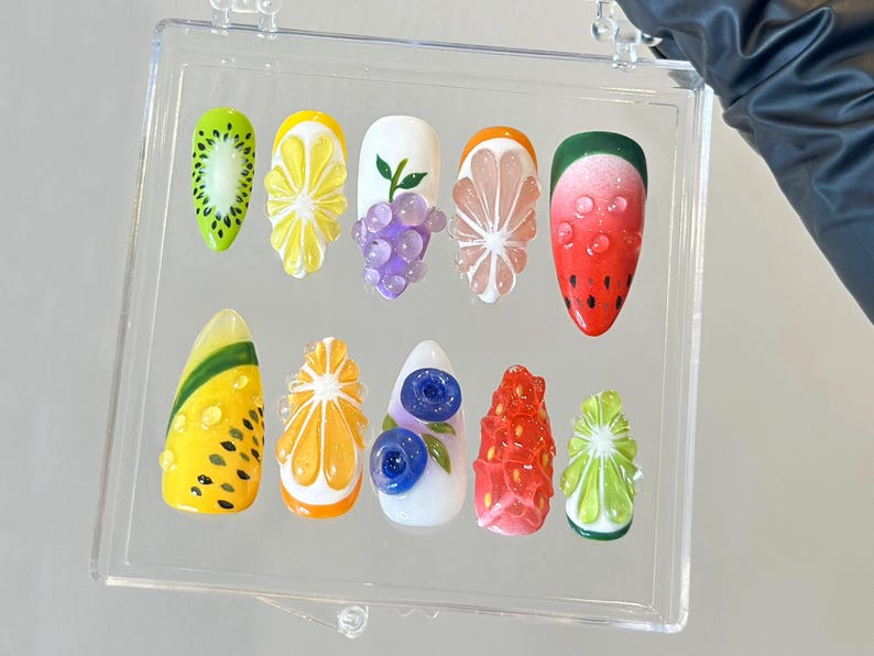 3D Tropical Fruit Press On Nails | Lemon Grape Watermelon Nail Art | Colorful 3D Press Ons | Unique Summer Fake nails |Kawaii Nails |OB947YC