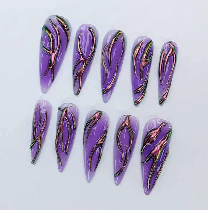 Purple Chrome Flame Press-On Nails | Long Stiletto Shape | Halloween Party Nails |Custom Hand-Painted Nails | Gothic Nail Art |Nails|OC478DK