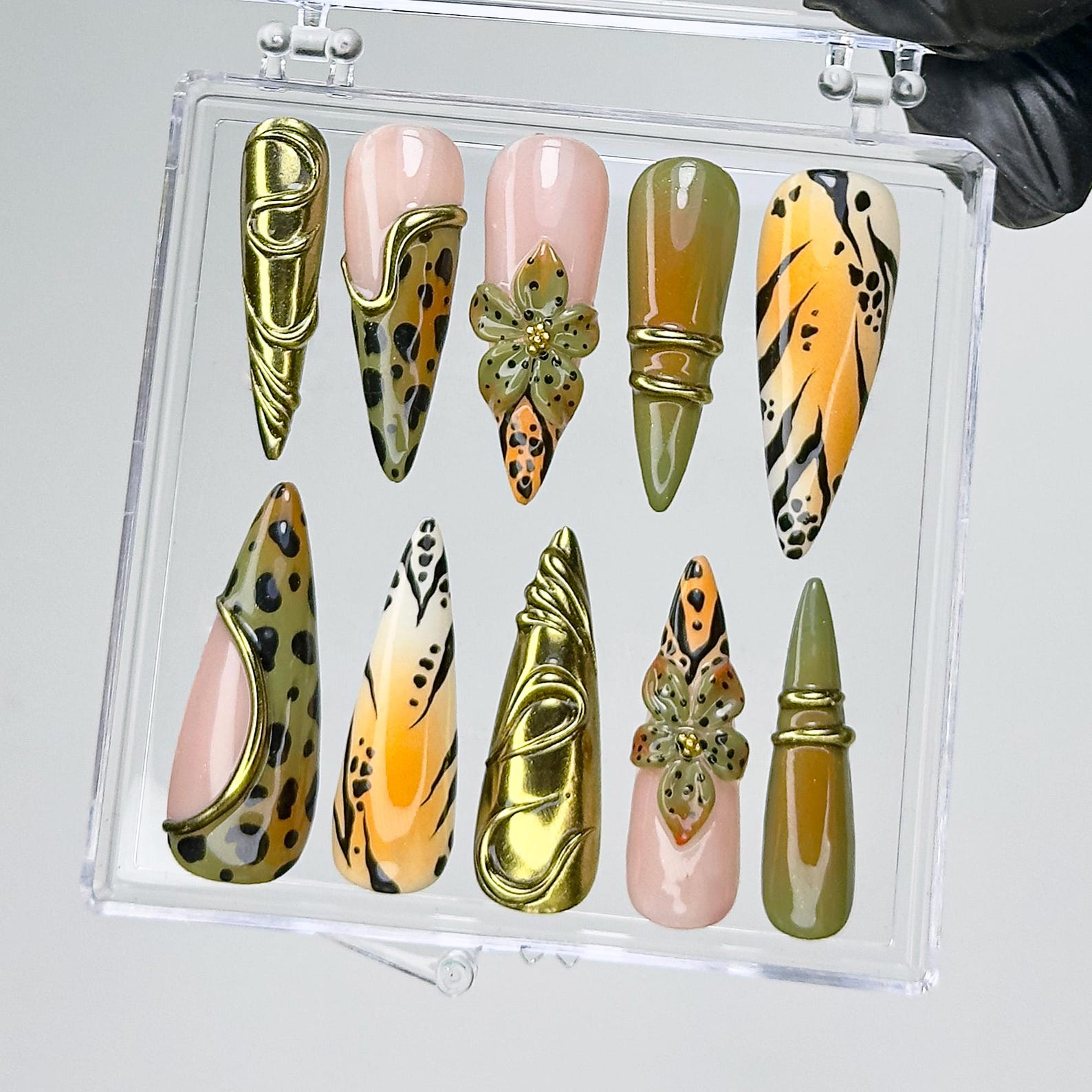 Jungle Safari Glam Press On Nails | Gold 3D Embellished Leopard Fake Nails | Olive & Mustard Animal Print Nail Art | Exotic Nails | OB733YK