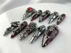 Gothic Blood Cross Press On Nails | Dark Red Medieval Nails | Silver Armor Nail Art | Gothic Cross Statement Nails | OB265EK
