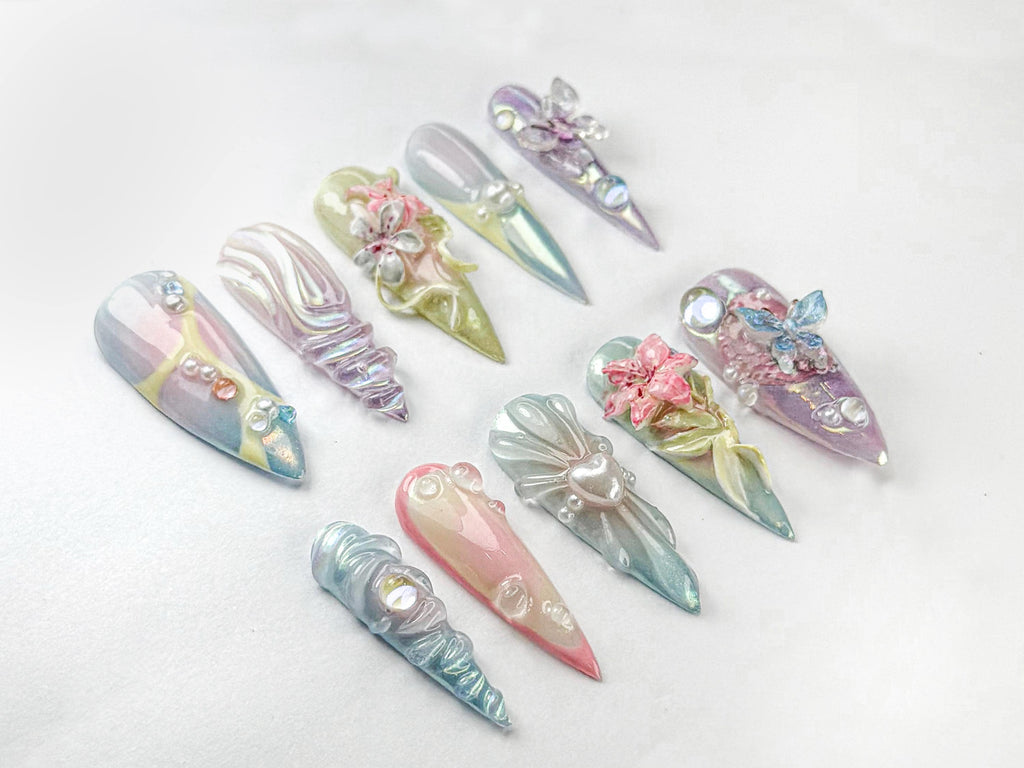 3D Pastel Press-On Nails – Floral & Butterfly Design