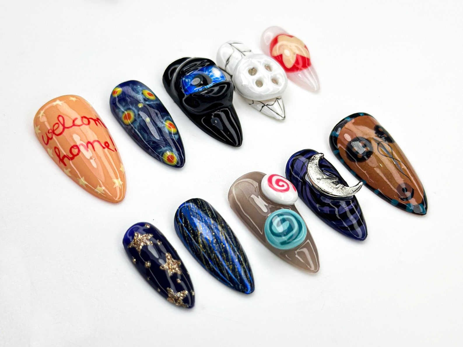 Coraline Other World Press On Nails | Button Eyes Nail Art | Spooky Fantasy Nails | Handmade 3D Nail Set | Halloween Horror Nails | OB868H