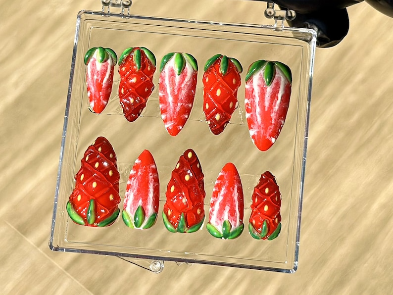 Juicy Strawberry Press On Nails | Summer 3D Fake nails| Free Style Summer Fruit Nail Art | Kawaii Nails | Cute Kawaii Press Ons | OB936YC