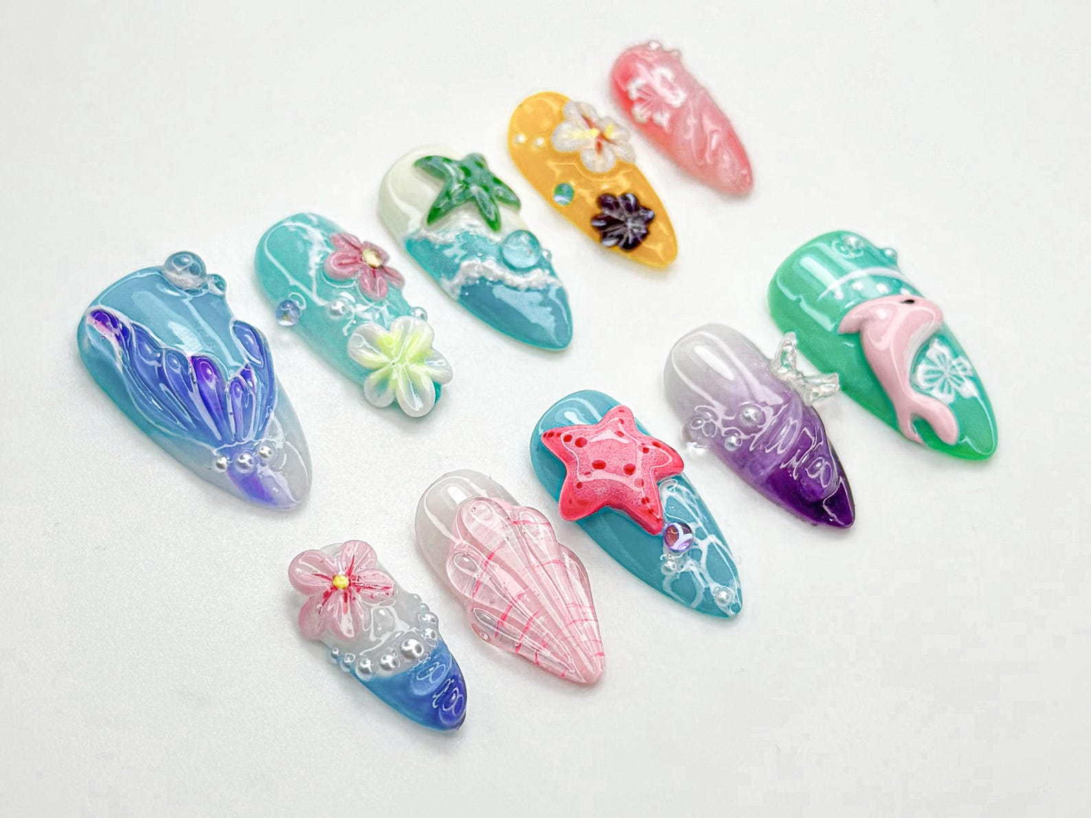 Tropical Starfish Press On Nails | Summer Ocean Beach Nail Set | 3D Starfish & Hibiscus Nail Art | Vibrant Mermaidcore Press Ons | OB794HC