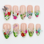 Green Glitter Press On Nails | Handcrafted Freestyle Forest-Inspired Secret Garden Nails | Custom 3D Butterfly Floral Fake Nails Art | Y2K Gifts OB906L