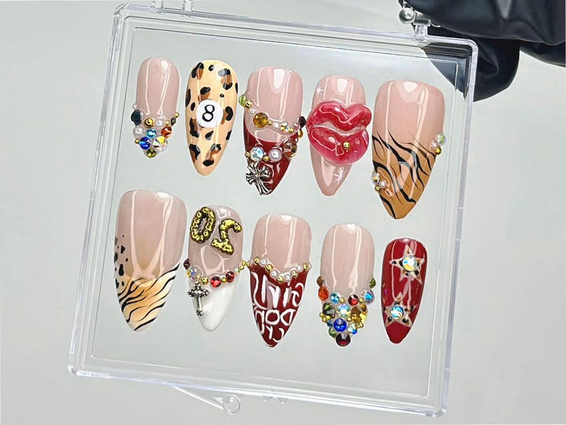 Leopard Rhinestone Press On Nails | Bold Animal Print Fake Nails | Girls Don't Cry Nail Art | 3D Lips & Crystal Press Ons |Nail Art |OB910YK