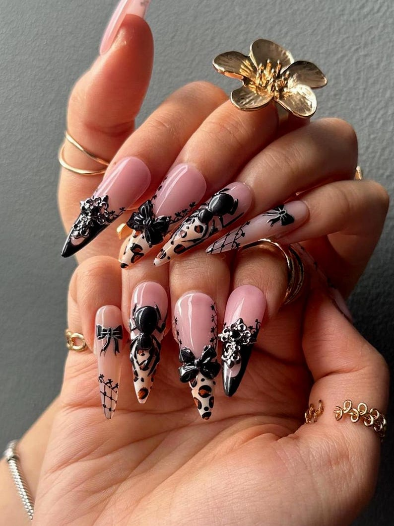 Vintage Halloween Leopard Press On Nails | Gothic Pumpkin & Spider Web Nail Art | Handmade Halloween Nail Set | Gothic Nail Set | OB180HC