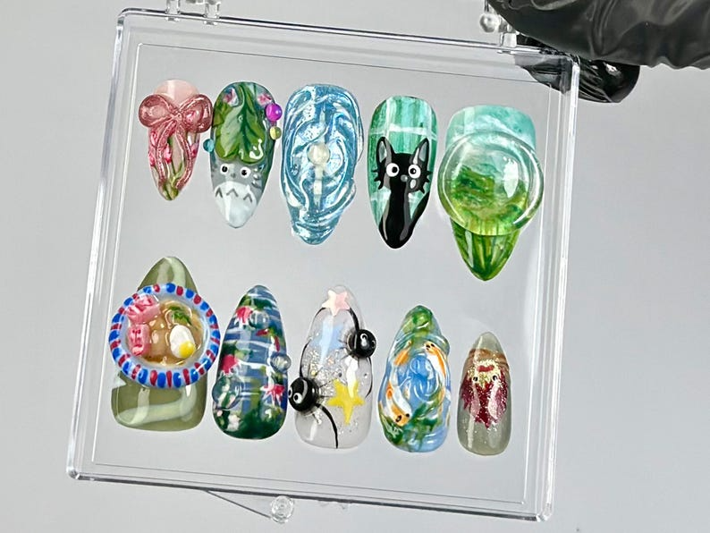 Animation-Inspired Press On Nails | Cute & Aesthetic Fake nails | Whimsical Forest Nail Art | Mystical 3D Press Ons | Kawaii Nails | OB786YC