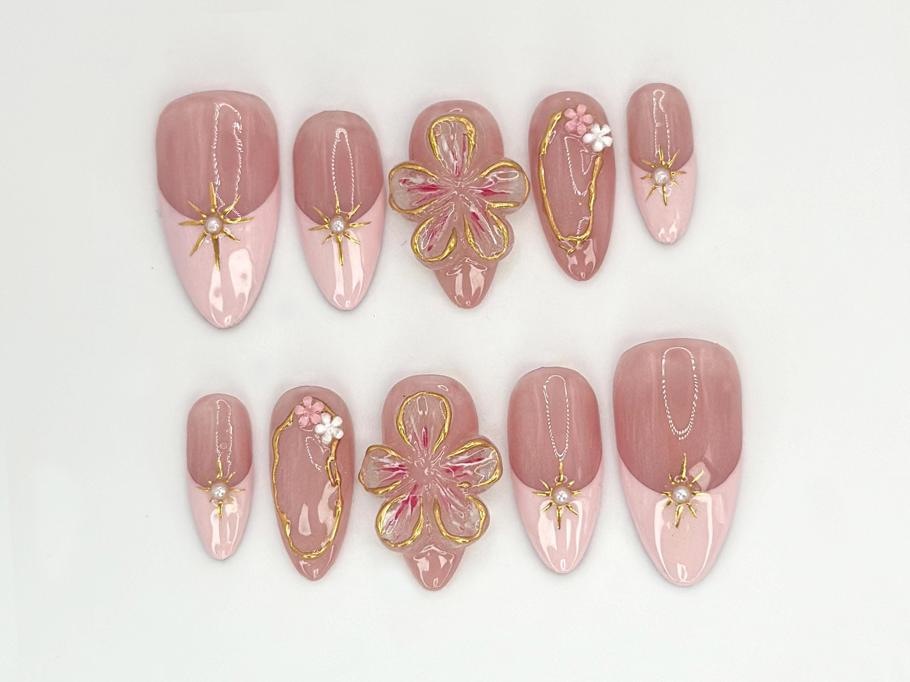 3D Floral Pink Pearl Press On Nails