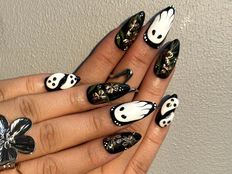 Midnight Ghost Garden Press On Nails | 3D White Ghost Nail Art | Black & Gold Floral Halloween Set | Handmade Spooky Long Nails | OB1081EK