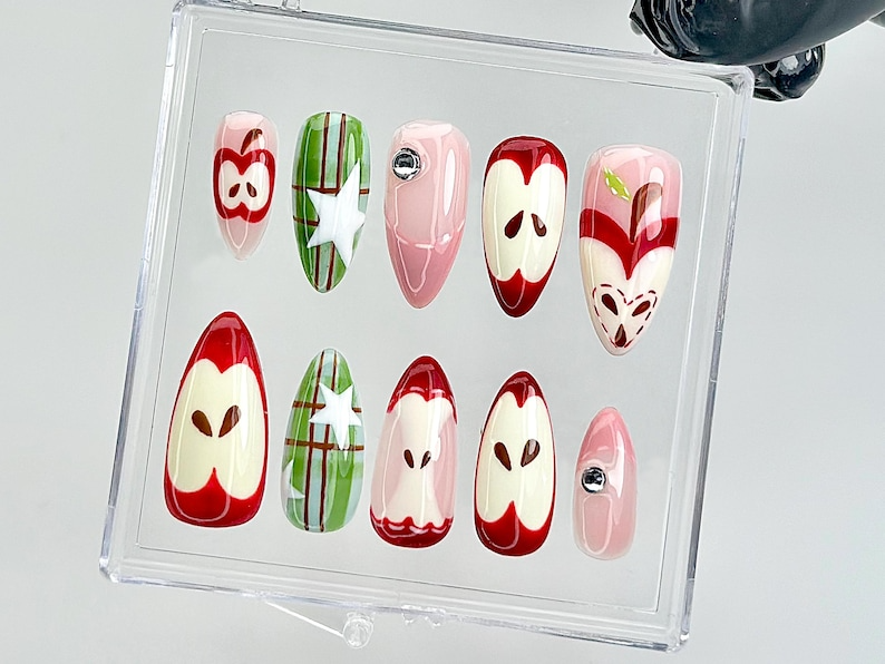 Cute Red Fruit Press On Nails | Kawaii Food Fake Nails | Glossy Custom Nail Art | Apple-Inspired Fake Nails | Kawaii Style Nails | OB858YC