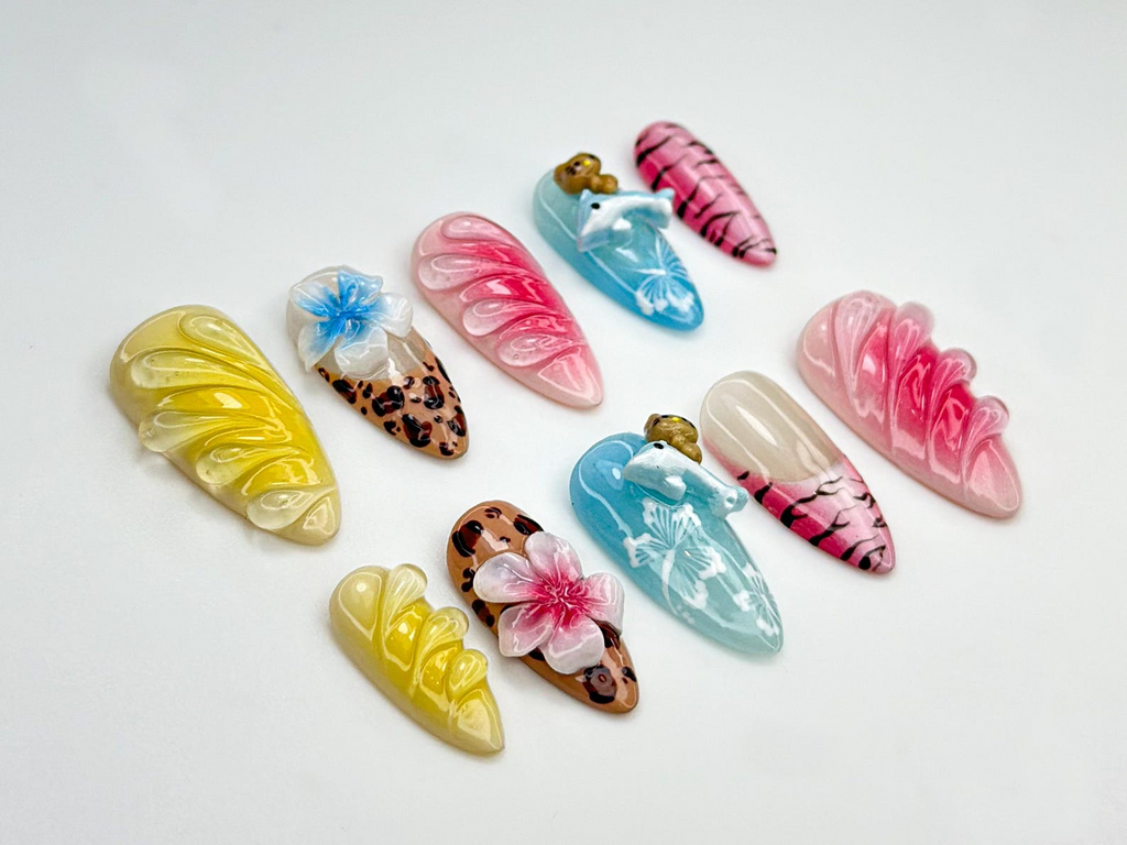 Hello Kitty Safari Press On Nails | Tropical Dolphin. Leopard Print Nails | 3D Kitty & Floral Summer Nails | Y2K Cute Vacation Nail | OB813H