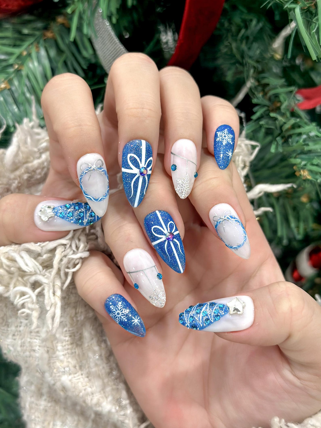 Frosty Blue Winter Gift Press On Nails For Christmas | Snowflake Glitter Christmas Nails | Blue White Holiday Set | 3D Icy Tree Accent | OC930EC